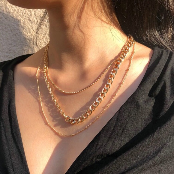 Beautiful  3 Layer Gold Curb Choker Necklace, Curb Chain Necklace - Picture 3 of 5